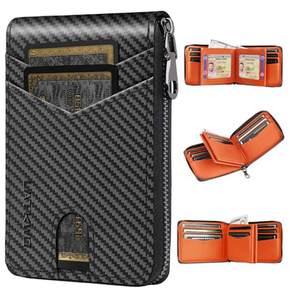Men’s RFID Blocking Zipper Large Dimensions Wallet with 2 ID Windows - Large Capacity Design, 13 Credit Card Slots - color: Orange