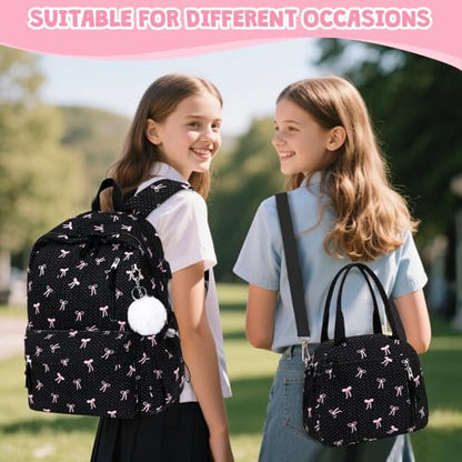 3PCS Corduroy Girls Backpack w/ Lunch Box & Pencil Bag (Black Bow Tie) - color: Black Bow Tie