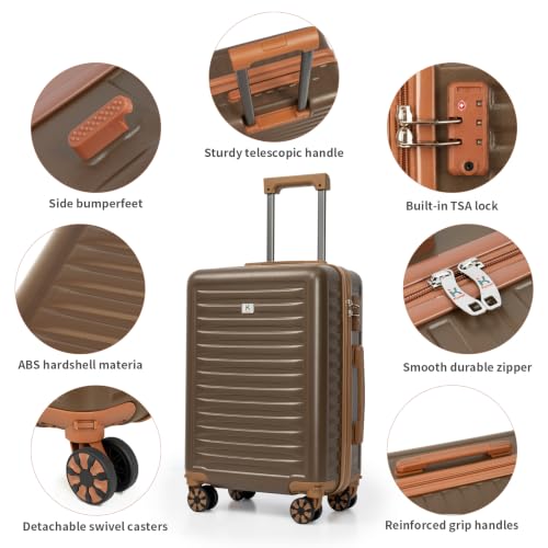 KUNEL Luggage Sets 5 Pcs suitcases with Wheels, 20/24/28Inch, Brown - color: Brown