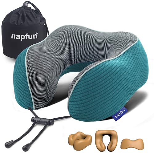 napfun Neck Pillow for Travel, Memory Foam Airplane Pillow, Teal - color: Teal