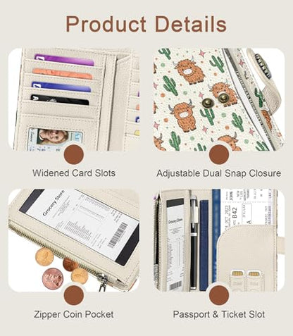 Highland Cow Wallet Women RFID, Passport Holder Credit Card Holder - color: Highland Cow