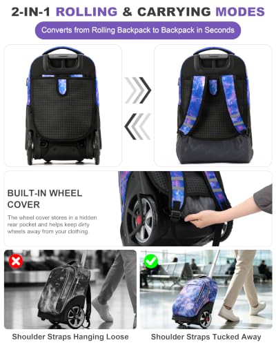 NEW TILAMI 19 Inch Rolling Backpack with Lunch Bag School, Purple Star - color: Purple