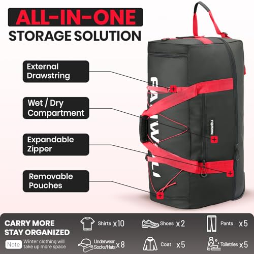 Fanwoli 120L Rolling Duffle Bag with Wheels, Foldable Travel Duffel - color: Red