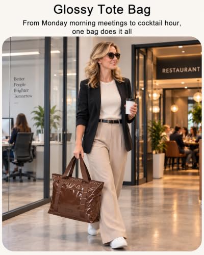 FHELAD Glossy Tote Bag for Women, Y2K Work Travel Laptop Bag, 25L - color: Coffee
