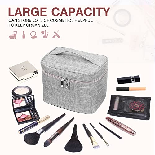 Large Makeup Bag Travel Makeup Cosmetic Bag Case Organizer Makeup Pouch with Mesh Bag Makeup Brush Holder Bag Toiletry Bags for Women - Grey - color: Grey