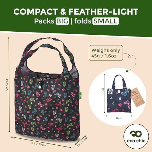 ECO CHIC Foldable Reusable Grocery Bags - Lightweight, Recycled & Reusable Shopping Bag - Waterproof Packable Tote - color: Monarch Butterflies Black