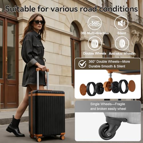 3 Piece Carry On Luggage Set with Backpack, Black-Brown | PC+ABS Travel Suitcase Sets Hardshell Rolling Luggage Lightweight Durable - color: Black-Brown, size: 20''/BP/TB