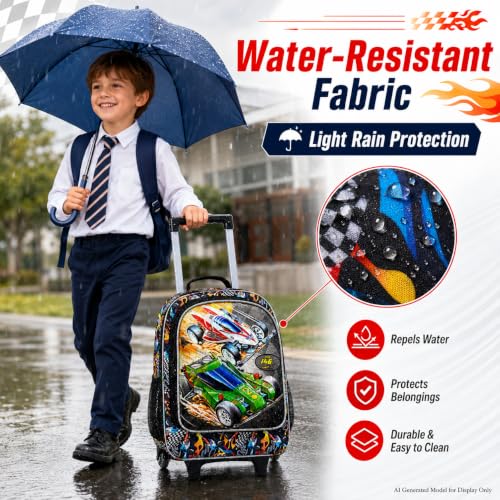 CCJPX Rolling Backpack for Boys, Kids Roller School Bag with Wheels Toddler Wheeled Bookbag Elementary - color: Red Green Race Car