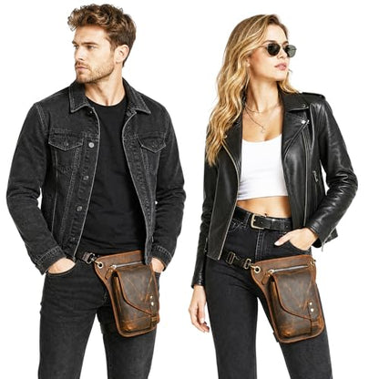 Water Resistant Canvas + Leather Motorcycle Fanny Waist Pack One Shoulder Drop Leg Thigh Bag For Men Women FB211-6 - color: 211-6 Brown