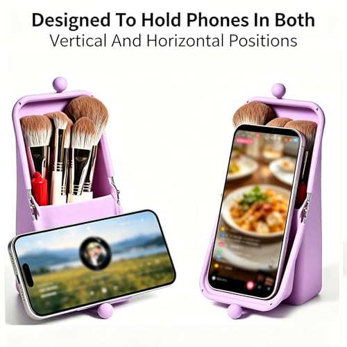 Standable Silicone Makeup Brush Holder, Waterproof Travel Cosmetic Storage Bag with Phone Stand Design, Multifunctional Travel Organizer Pouch for Lipstick Eyebrow Pen Beauty Tools (Blue) - color: Blue