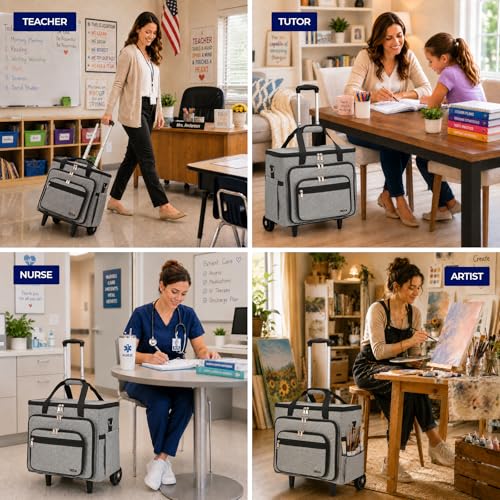 Rolling Craft Bag With Wheels, Teacher Organizer Tote With Detachable Trolley - color: gray, size: 2 Wheels & Fixed Front Feet