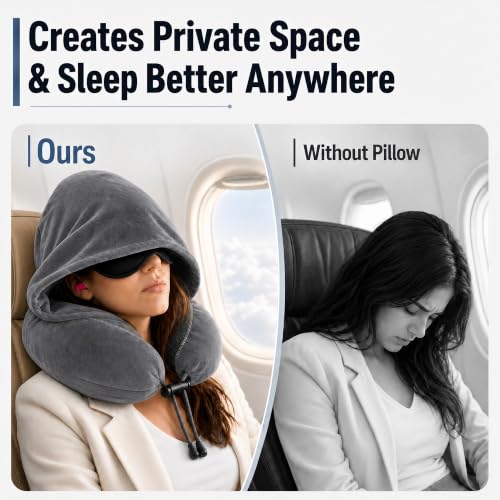 Travel Neck pillow for Airplane, with Large Hood Eye Mask Earplug and Bag - color: Grey