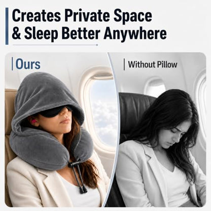 Travel Neck pillow for Airplane, with Large Hood Eye Mask Earplug and Bag - color: Grey