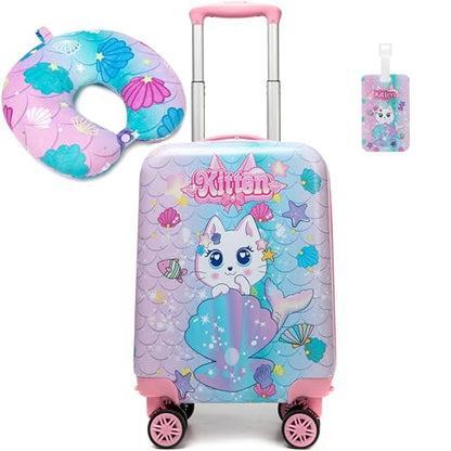 Cute Cat Kid's Luggage Set: 2 Piece Hardside Spinner Wheels Suitcase Set, 16' Airline Approved, Pink Cat Pattern, Ages 5+ - color: Cat Pink