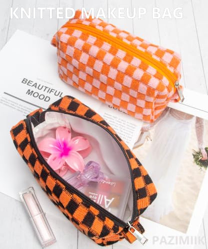 Checkered Makeup Bag for Purse,Small Travel Cosmetic Pouch,Halloween Orange - color: Halloween Orange