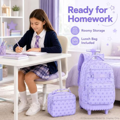 3Pcs Rolling Backpack for Girls Women, School Kids Roller Bookbag with Wheels, Wheeled Backpacks Set for Elementary (Purple) - color: Star Purple