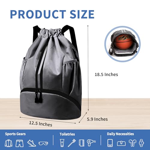 JELUTAR Drawstring Backpack Gym Bag with Shoes Pocket, Dark Grey - color: Dark Grey, size: Large