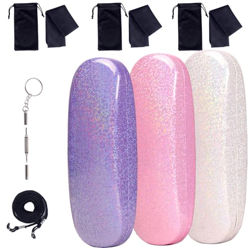ADBGV 3Pcs Unisex Hard Shell Eyeglasses Cases, Protective Case For Glasses,Sunglasses Case with Cleaning Cloth - color: A_purple+pink+white