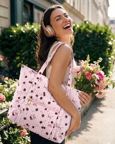 Miss Adola Quilted Shoulder Tote Bag with Zipper for Women - color: Cherry Bow