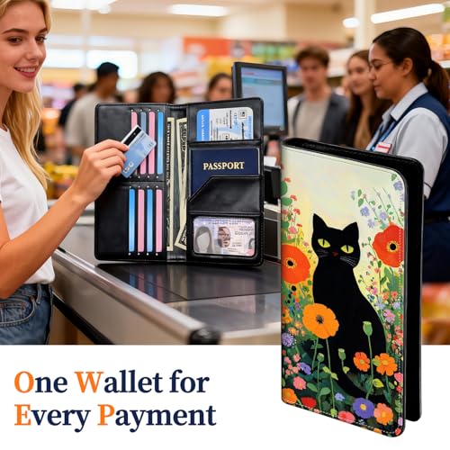 Passport Wallet for Women,Travel Wallet Passport Holder RFID Blocking - color: Black Cat Wildflower
