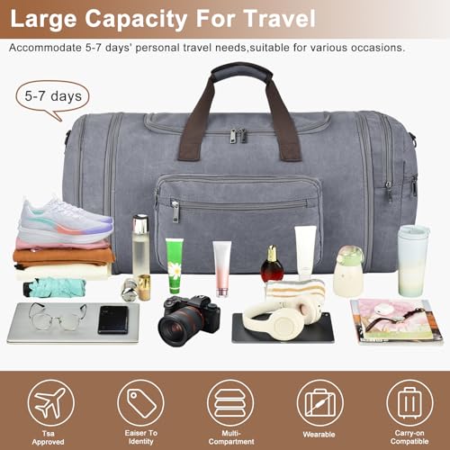 Felipe Varela 60L Canvas Duffle Bag for Men, Travel & Gym Carry on, Grey - color: Grey, size: 60L