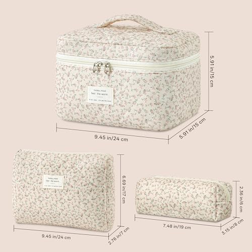 HBselect Quilted Makeup Bag, 3Pcs Cotton Large Travel Makeup Bags Organizer - color: A-3PCS-Floral 50