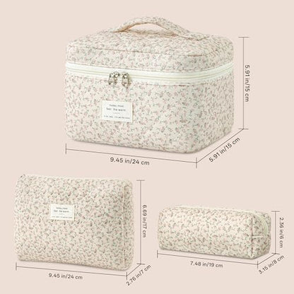 HBselect Quilted Makeup Bag, 3Pcs Cotton Large Travel Makeup Bags Organizer - color: A-3PCS-Floral 50