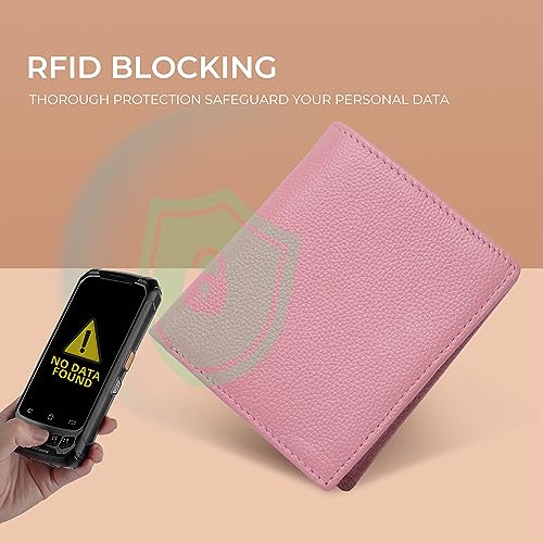 Bveyzi Ultra Slim Small RFID Wallet for Women, Leather Tiny Thin Bifold Pocket Ladies Wallet - color: Pink