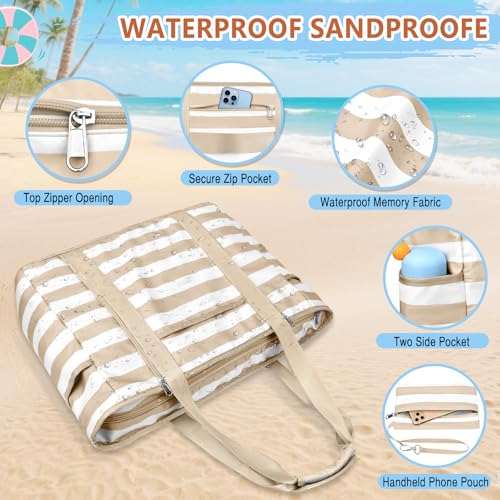 Extra Large Beach Bags for Women Waterproof Sandproof Beach Tote Bag - color: Khaki White