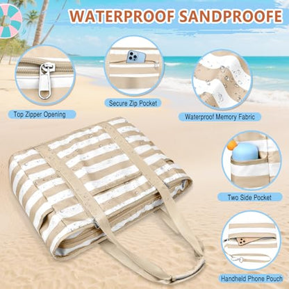 Extra Large Beach Bags for Women Waterproof Sandproof Beach Tote Bag - color: Khaki White