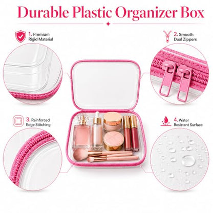 3 PCS Clear Hard Shell Zipper Case, Transparent Zipper Pouch, Pink - color: Pink