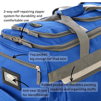 Olympia U.S.A. 29 inch Jumbo Size 8 Pockets Wheeled Rolling Duffel Bag Water Resistant Luggage Lightweight Travel Suitcase with Retractable Handle - color: Royal Blue, size: 29 inch