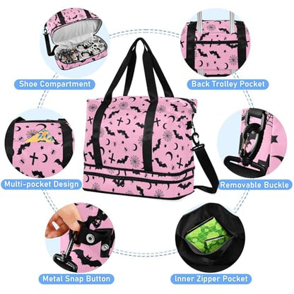 Gothic Pink Travel Duffel Tote with Bats - Sports Weekender Overnight Gym Carry On Hospital Bag for Women & Men - color: Goth 04
