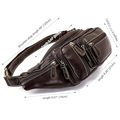 Genuine Leather Fanny Pack large capacity Crossbody Waist Bag with Zipper phone Pockets coffee - color: Coffee