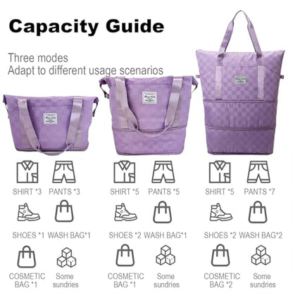 Expandable duffel bag,carry-on large bag with wheels(PURPLE Check) - color: PURPLE
