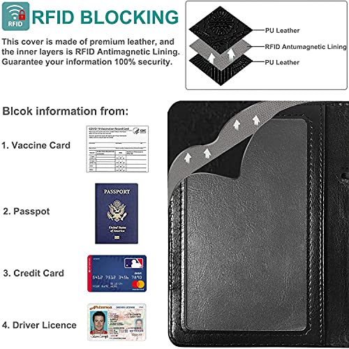 RSAquar Unisex Faux Leather Passport and Vaccine Card Holder Combo, Black, Slim and Lightweight with RFID Blocking Technology - color: Black