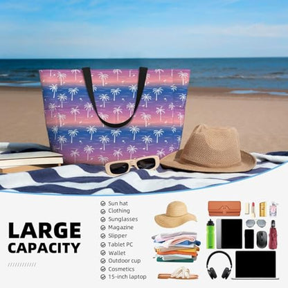 Women's Large Beach Bag Waterproof Travel Tote Bag with Pocket Sandproof Foldable Weekender Bags for Pool Vacation - color: Palm Purple
