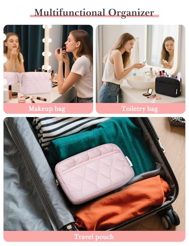 Noozion Makeup Bag Travel Toiletry Bag, Puffy Padded Cosmetic Bag for Women, Makeup Organizer Case, Wide-open Pouch Purse, Travel Essentials - color: Darkpink
