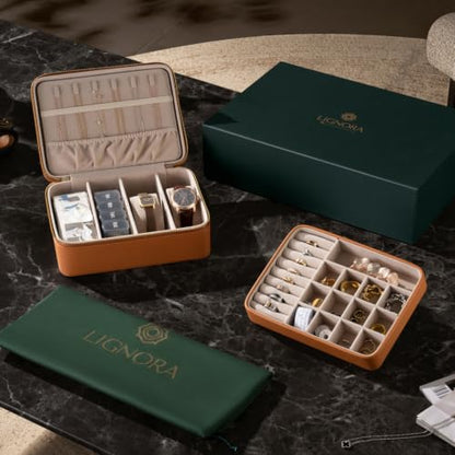 Luxury Travel Jewelry Organizer for Men & Women, Large Customizable Case - color: Brown