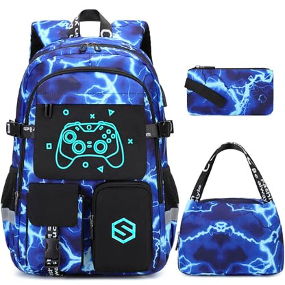 Scothen Boys Backpack, Cool Luminous Kids School Backpacks with Lunch Bag - color: Lightning-blue