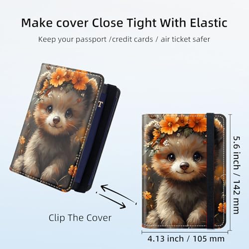 RFID Security Premium Passport and Travel Document Holder Combo, Slim PU Leather Folio Wallet with 3 Card Slots & Boarding Pass Pocket, Secure Elastic Closure Organizer, Cute Raccoon Flower - color: Cute Raccoon Flower