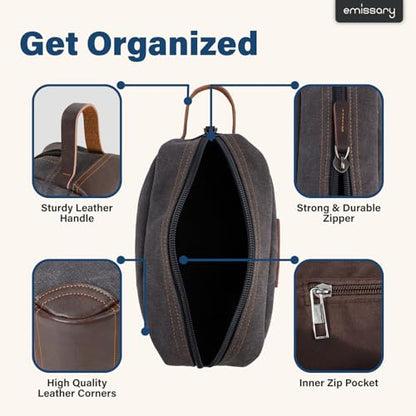 emissary Men's Canvas Travel Toiletry Bag, Leather Dopp Kit - Gray - color: Gray