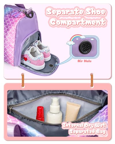 Travel Stuff for Kids-Girl Gym Bag with Shoe Compartment Dance Bag - color: Mermaid Purple, style: S