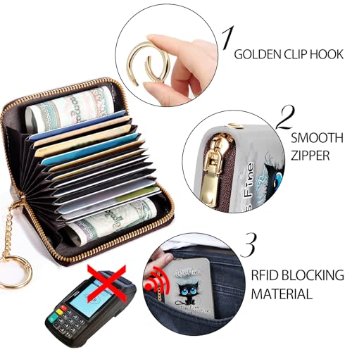 Yonlevres Credit Card Holder RFID Small Wallet Women Keychain Zipper - color: Cat
