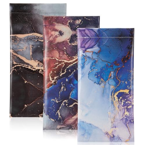 TRIUMPH VISION Eyeglass Case Glasses Case Soft Sunglass Pouch Sleeve 3 Pack - color: Pu Leather Marble Black Grey Blue Purple