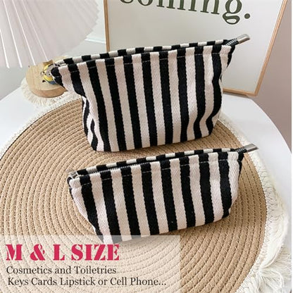 HAPPYHEIDI Aesthetic Makeup Bag Travel Cosmetic Pouch, Striped, Medium - color: Black White Striped, size: Medium