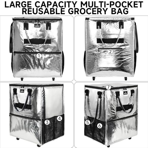 Large Reusable Grocery Bag On 5 Wheels, 130L Foldable Rolling Tote Bag - color: Silver, size: Large