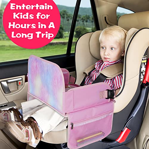 Bundle–2 Items: MENZOKE Car Seat Tray with Dry Erase Board and Cooler Cup Holder, Pink & Magic Pink