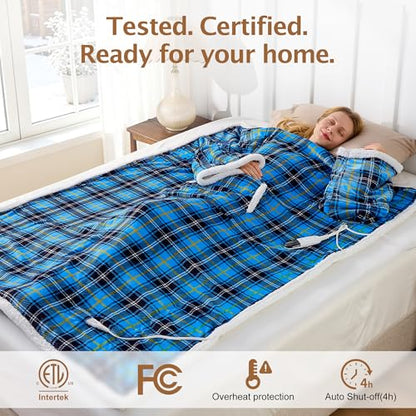 Wearable Heated Blanket with Foot Pocket &Sleeves, Electric Heated Robe - color: Blue Plaid, size: Long