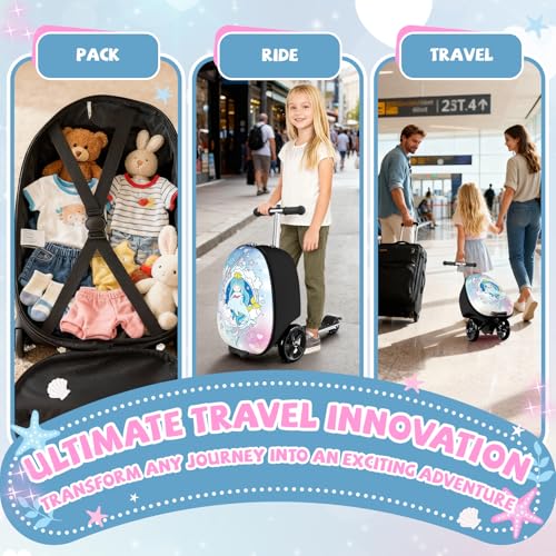 Baotree Scooter Suitcase for Kids, 2 in 1 Ride-on Luggage with Flash PU Wheels, Adjustable Handle & TPR Non-Slip Grip, Foldable & Lightweight, Ages 5-12 - color: Light Blue